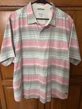 Tommy Bahama Pink and Sage Striped Short-Sleeve Camp Shirt